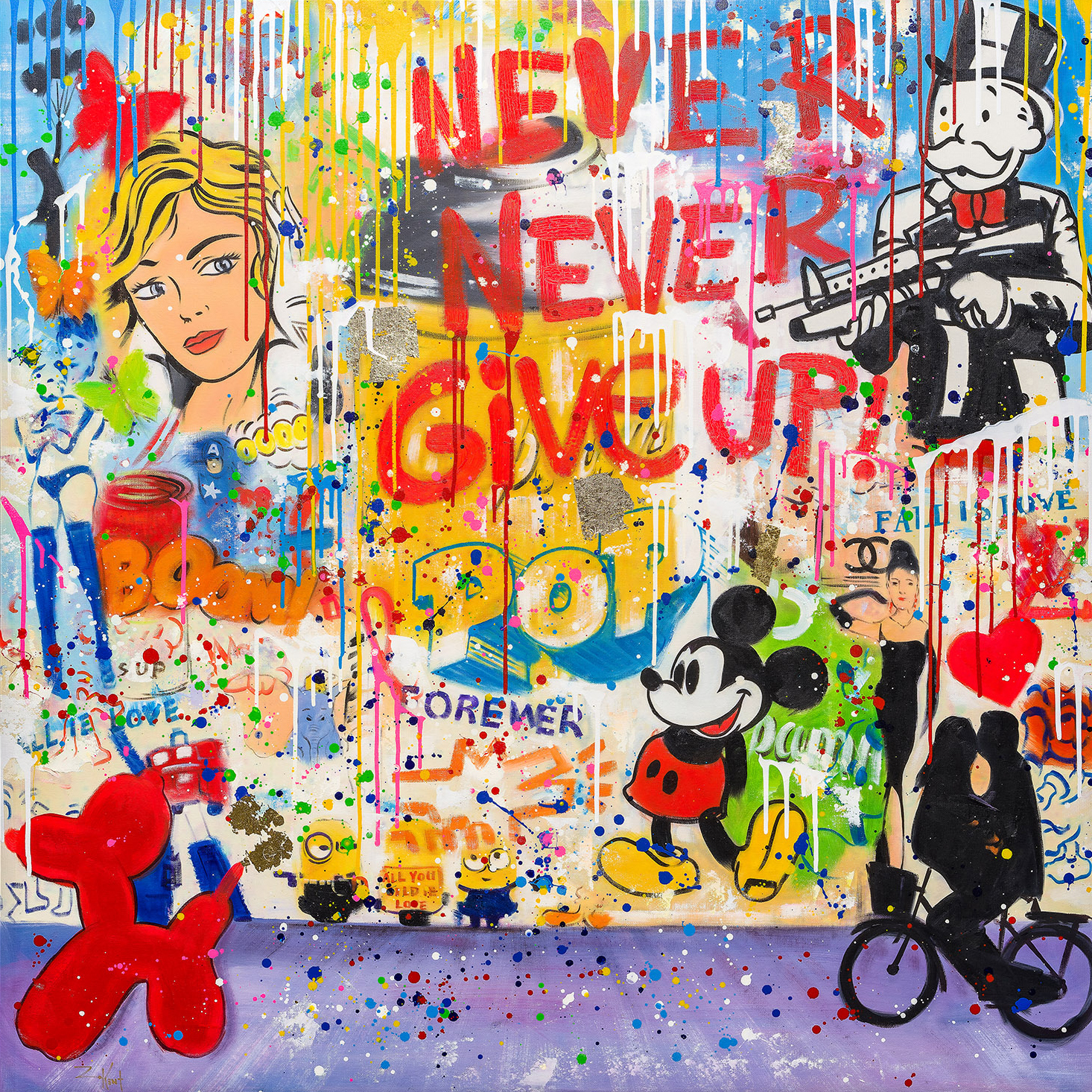 This bold, energetic collage fuses cartoon icons, graffiti drips, and bright splashes of color, conveying Zac Kent’s uplifting call to persevere.